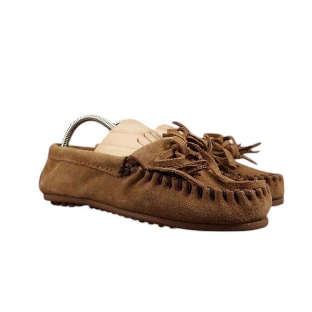 Minnetonka Shoes Womens 6.5 Moccasin Loafer Slip On Leather Fringe Classic Brown